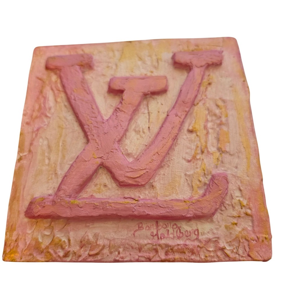 Barbara Goldberg Signed LV Monogram Mixed Media Relief Sculpture Pink Gold 2024